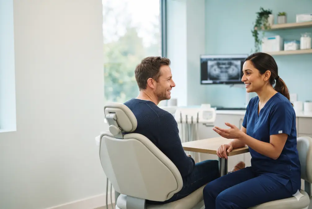 Clinician and patient discussing dental care in a consultation room