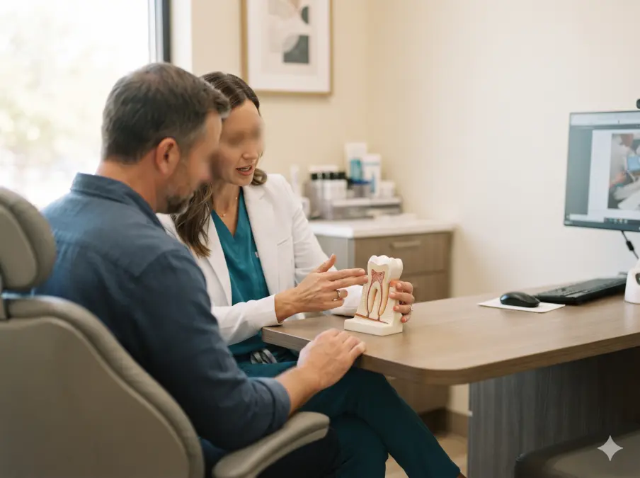 Dentist discussing a tooth model with a patient