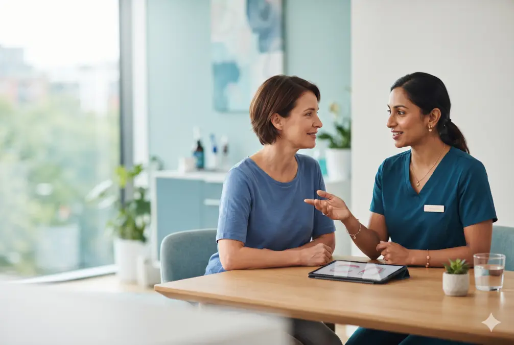 Illustrative consultation between a dental clinician and adult patient