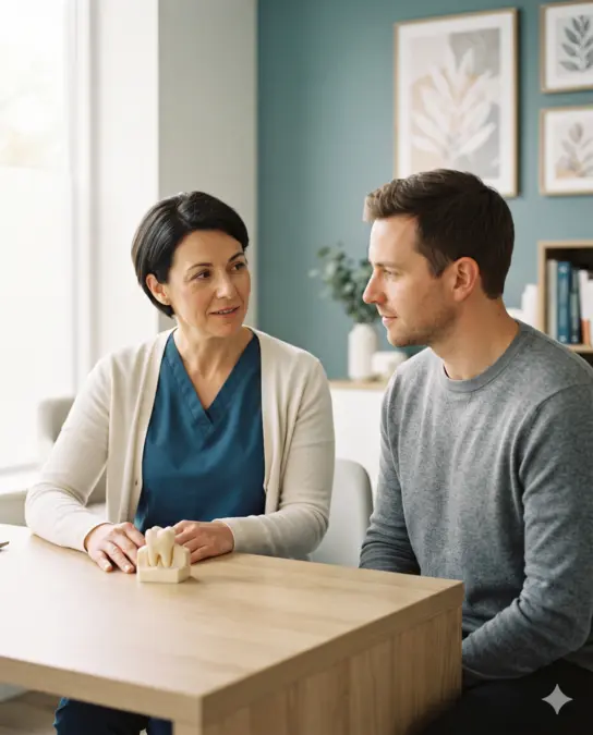 Illustrative dental consultation scene, not depicting named clinicians