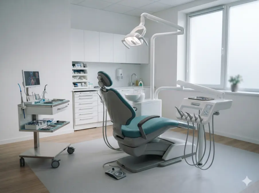 Illustrative contemporary dental treatment room with chair and overhead light